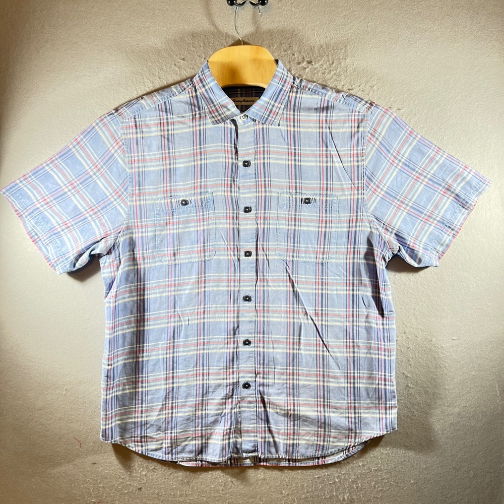 1200 | Tommy Bahama Plaid Cotton Tencel Button Down Shirt Blue Mens L